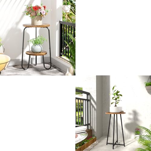 2 Tier Wood Plant Stand Indoor, Small Round Flower Pot Stand, 19.6" Tall Single Plant Holder for Living Room, Balcony, Rustic Brown End Side Table（Rustic Brown）