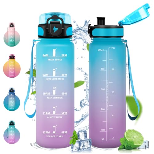 Vikastar Botella Agua, 0.5l Botella de Agua Deportiva, con Filtro, Libre de BPA, Botellas de Agua, Cantimplora para Deportes, Fitness, Yoga, Azul-Morado