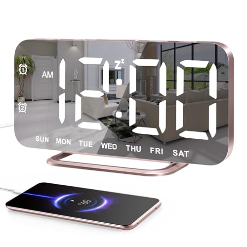 Slim LED Digital Alarm Clock, Mirror Surface for Makeup, with Diming, Large Display, Easy Setting,...