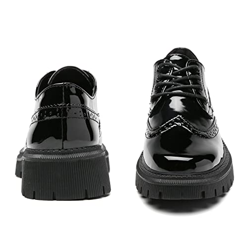 Image of Womens Vintage Oxford Shoes Platform Lace-up Round Toe Patent Leather Brogues Casual Oxfords for Girls Ladies Women
