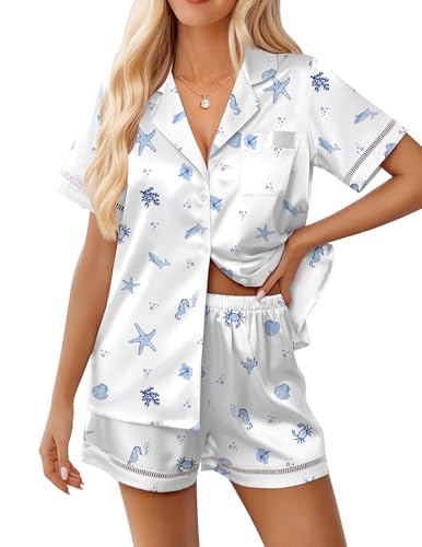 Image of Ekouaer Womens Silk Pajama Sets Button Up Satin Pjs Short Sleeve 2 Piece Pj Sets Cute Lounge Sets with Chest Pocket