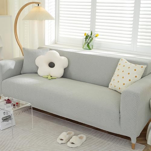 Housse canape extensible 3 places en velours jacquard gris clair lavable