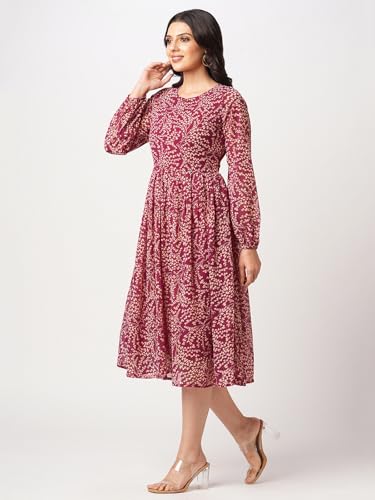 Selvia Women's Georgette Fit And Flare Knee-Length Dress (693Dtk7834N-M_Dark Pink & Beige