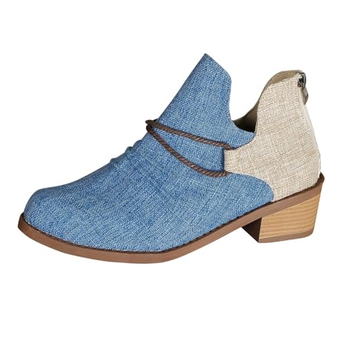 Bottines en jean bicolore bleu et beige à talon empilé style western automne
