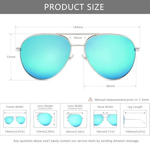 SUNGAIT Women’s Lightweight Oversized Aviator Sunglasses - Mirrored Polarized Lens (Silver Frame/Blue Mirrored Lens, 60) 1603YKL — view 5