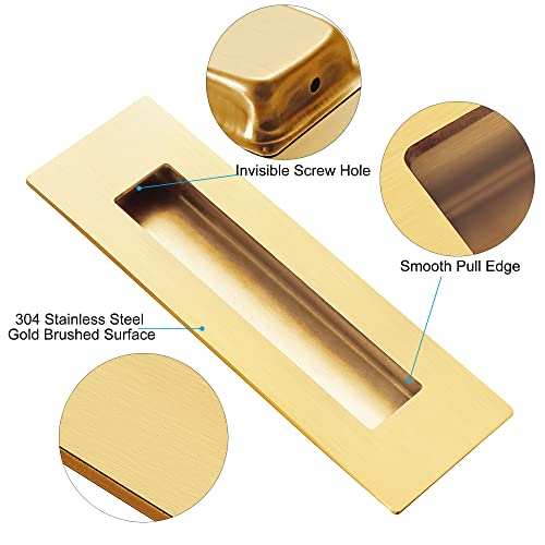 Malimali 6 Inch Recessed Finger Flush Pulls For Pocket Door Closet Door, Sliding Barn Door Handle, Brushed Gold Stainless Steel Rectangular Door Pulls Hardware(2 Pack) #TOP2