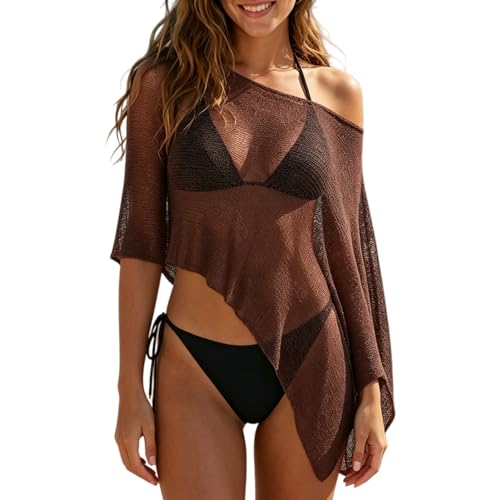 Sheer Poncho Tops for Women Lightweight Crochet Knit See Through Shawl 2026 Summer Bathing Suit Beach Cover Up (Brown S)