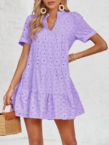 Image of Imily Bela Womens Summer Lace Dresses Eyelet Casual Flowy Babydoll Swing Short Sleeve V Neck Tunic Dress