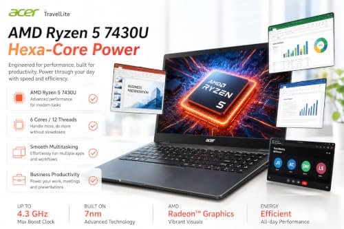 Image of Acer TravelLite Thin & Light Laptop | AMD Ryzen 5 7430U Hexa-Core | 15.6 inch FHD | 8GB RAM | 512GB SSD | AMD Radeon Graphics | Windows 11 | MS Office | Metal Body | Black | 3 Years Warranty