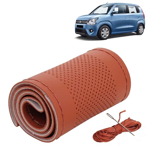 Image of KINGSWAY PU Leatherite Car Steering Cover Sewable Compatible with Maruti Suzuki Wagon R (Year 2019 Onwards), Tan Color with Tan Thread, Pack of 1 with Sewing Needle and Thread