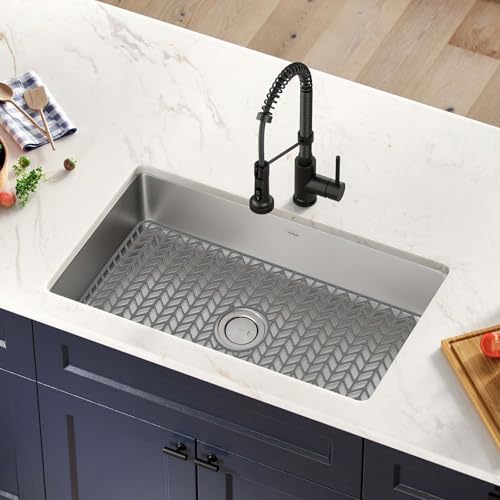Image of GUUKIN Sink Protectors for Kitchen Mat - 29.7 inchx15.5 inch Silicone Kitchen Sink Mat Grid for Bottom of Farmhouse Stainless Steel Porcelain with Center Drain(Grey)