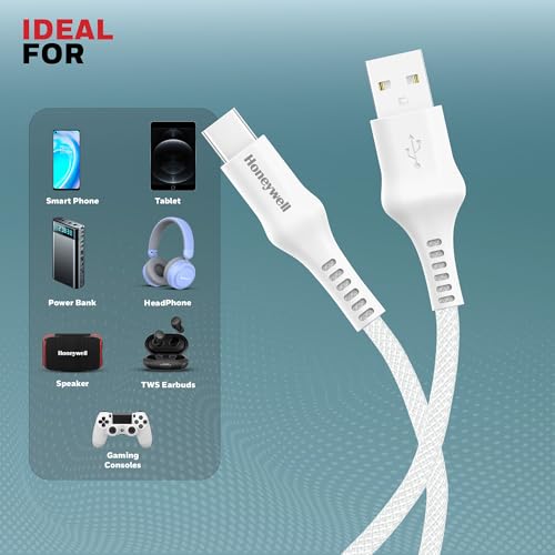 Image of Honeywell USB A to Type C Cable, 4 Feet (1.2M), PD 60W, QC 3.0, Fast Charge & Sync Cable, Nylon Braided Cable for Apple Devices, Smartphones, Laptops, Power Banks, Tablets, Headphones, Speakers White