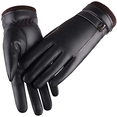 JNKET Winter Couples Gloves PU Leather Gloves Touch Screen Gloves Thicker Warm Coral Velvet Driving Gloves Windproof Waterproof (Men's Gloves)