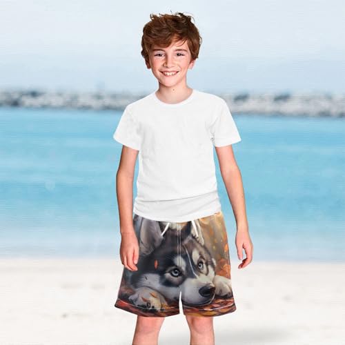 DOMIKING Husky Leaves Orange Boys' Pull On Swim Trunks Quick Dry Boardshorts with Mesh Lining for Child Boy M 6