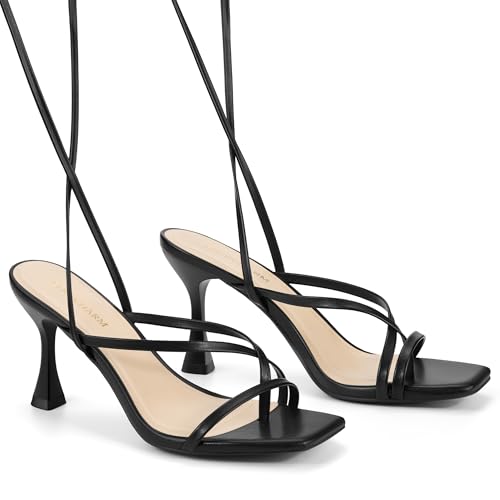 Image of Women's Strappy High Heels Sandals Square Open Toe Ankle Strap Slingback Thong Stilettos Shoes for Wedding