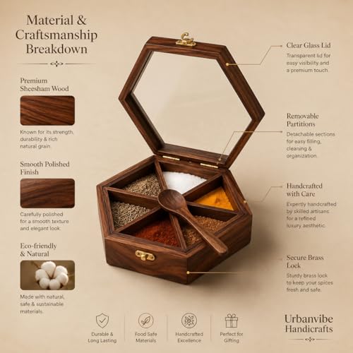 Image of Sheesham Wooden Table Top Masala Dabba Containers Jars & Kitchen Spice Box with Spoon Masala Box For Kitchen (Sheesham Wood, Removable Partitions, Brown), 50 Ml