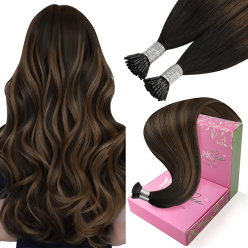Image of YoungSee I Tip Hair Extensions Human Hair Brown 24 Inch Itips Hair Extensions Dark Brown Balayage with Browns Itip Hair Extension Real Human Hair Ombre I-Tip Extension Long Hair 50g 50s