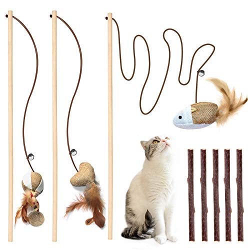 3-Piece Natural Wooden Cat Teaser Wand Toy Kit with 5 Silvervine Sticks and Elastic String Cat Pole Toy with Bell and Feather