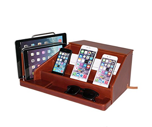 G.U.S. All-in-One Charging Station, Valet, and Desktop Organizer - Multiple Finishes Available. for Laptops, Tablets, Phone and Wearable Technology - Genuine Leather with 6-Outlet AC Power Strip
