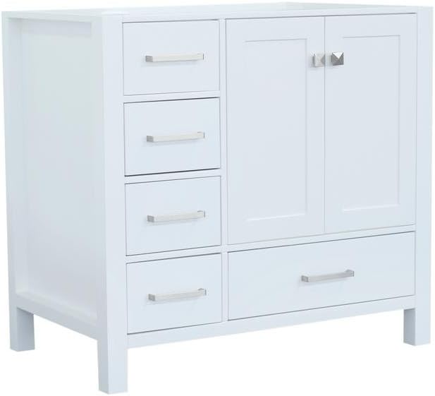 ARIEL Cambridge A037S-R-BC-WHT 36" Inch Single Right Offset Hard Plywood White Bathroom Vanity Base Cabinet with Two Soft-Closing Doors and Five Self-Closing Drawers