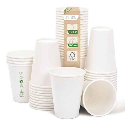 Love Nature Vasos de papel blanco 300 ml 12 oz – tazas de café 50 unidades – Vasos desechables para servir café, té, bebidas calientes y frías