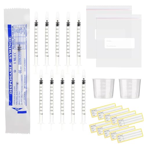 Kolostrum Spritzen mit Kappen 1 ml Kolostrum Sammel Set mit 2 20 ml Messbecher 2 Aufbewahrungstasche und 30 Aufklebern zum Nachfüllen Messen von Flüssigkeiten wissenschaftliche Labors (30 Stück)