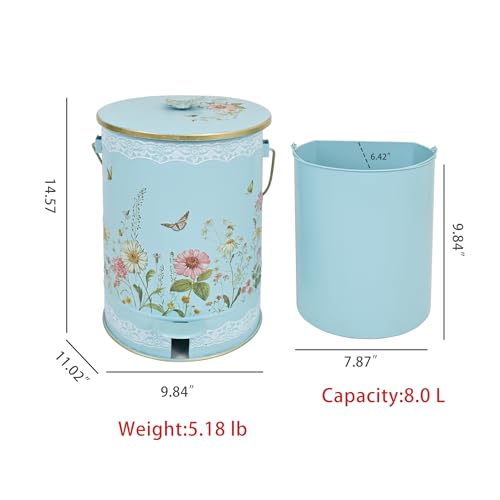 Image of White Floral Metal Step Trash Can with Lid, 8L Vintage Butterfly & Wildflower Decorative Waste Basket with Handles for Bathroom, Bedroom, Kitchen, 14.57 inch x 9.84 inch