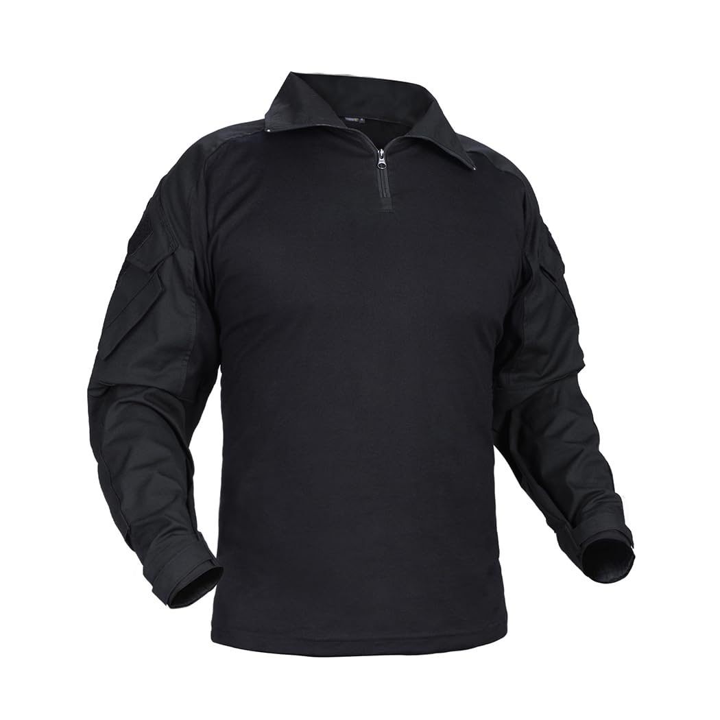IDOGEAR OUTDOOR G3 Combat Shirts Camo Military Shirts with 4 Pockets Tactical Assault Long Sleeve for Paintball Airsoft, Black, Medium