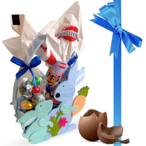 NARAMAKI Regalo Originale 2025 - Cestino in Feltro Coniglietto Azzurro 18x24x7cm + Uovo di Pasqua 40gr Cagnolini Cioccolato al Latte 40gr + 100gr di Ovetti Cioccolato - Regalo Bambino