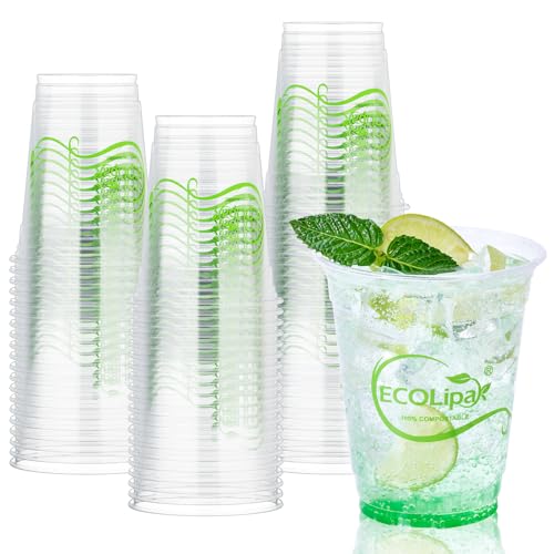 ECOLipak 100 Count 12 OZ Clear Compostable Plastic Cups Disposable Plant-Based Biodegradable Drinking Party Cups PLA Plastic Cold Tumblers for Daily Family Party Gathering