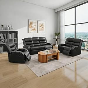 3-Piece Couch Living Room Furniture Sets, Sectional Recliner Sofa Set,Leather Recliner Sofas,Manual Motion,Living Room/Office(Chair, Loveseat & Sofa, Deep Black)