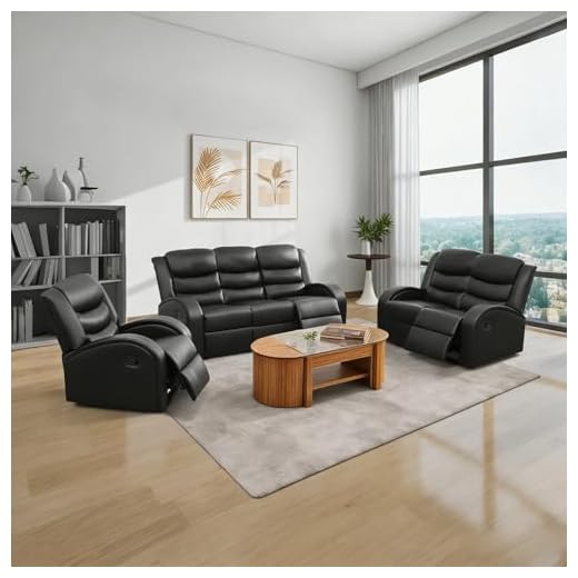 Daydo Sempli 3-Piece Couch Living Room Furniture Sets, Sectional Recliner Sofa Set,Leather Recliner Sofas,Manual Motion,Living Room/Office(Chair, Loveseat & Sofa, Deep Black)