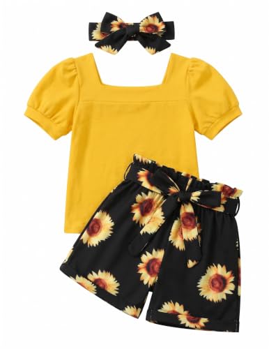 Image of Arshiner Toddler Girls 3 Piece Outfit Set Puff Sleeve Square Neck Top with Shorts and Matching Headband Summer Clothes 2T-8Y