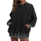 BINTEHGS Oversized Sweatshirt for Women Loose Fit Cotton Pullover Vintage Crew Neck Sweatshirts with Pocket Long Sleeve Shirt (Black,M,Medium)