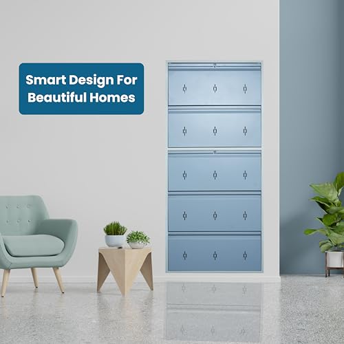 Image of Metal Shoe Rack with Door | Fits Size 12 Shoes | 30 Inch Wide Wall Mounted Steel Cabinet | CRC Heavy Duty Powder Coated | 3 Compartments Per Shelf | Chappal Organizer (Pastel Blue, 5 Doors)