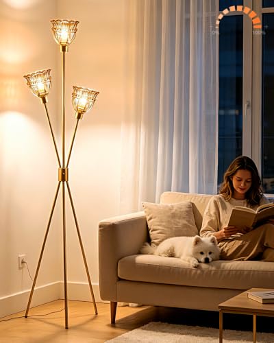 Lightdot Amber Glass Tripod Floor Lamp Dimmable Gold Floor Flower Lamps