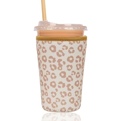 Image of Reusable Insulated Sleeve for Iced Coffee Cup, Coffee Neoprene Sleeve for Cold & Hot Drinks, Beverage Holder for Iced Coffee (Leopard Grace, Medium: 22-24oz)