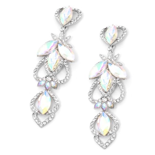 Silver Crystal Rhinestone Earrings with Aurora Borealis Flower Pedal Inserts