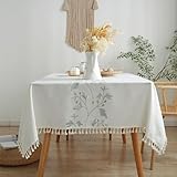 Beydodo Tischtuch Abwaschbar Outdoor 140x260CM, Tischdecke Stickerei mit Grün Blumen Motiv Beige Tischdecken für Draußen Garten