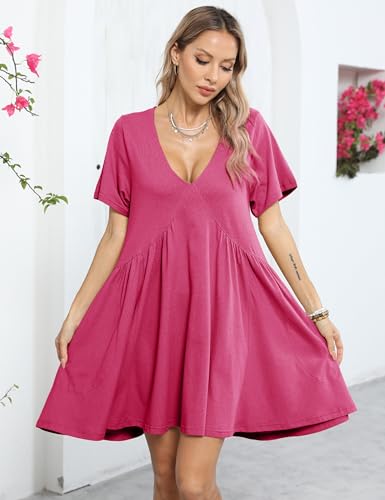Image of Gozoloma Women Summer Short Sleeve Mini Dress Casual Loose V Neck Flowy Sundress Vacation Tshirt Sun Dress with Pockets