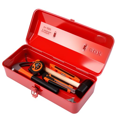 Metal Tool Box with Latch Rust Proof Tool Box Small Portable Tool Case with Handle 14.57x6.3x4.72in Lockable Metal Toolbox for Home DIY Garage Tool Storage Box for Wrenches Screwdrivers(RED)