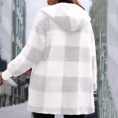 KIKX0DE Womens Long Fuzzy Shackets Plaid Flannel Long Sleeve Fall Jackets Casual Oversized Hooded Clothes Outfits3