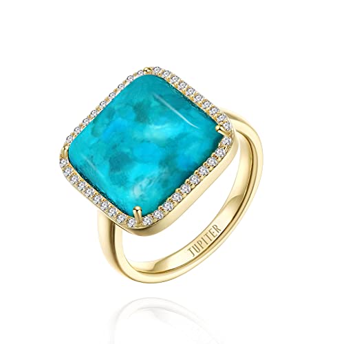 Jupiter Natural Turquoise Rings, 14K Gold Plated Genuine Gemstone Square Ring With Zirconia For Women Girls, Birthstone Ring Jewelry Gifts For Valentine's Day, Birthday (13Mm Turquoise, Ring Size 7) #TOP6