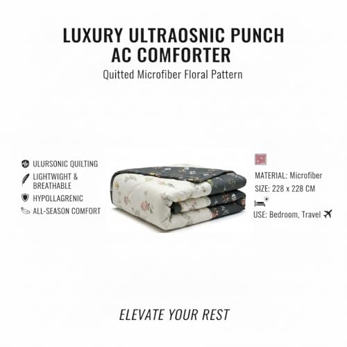 Image of IVAZA Luxury Ultrasonic Punch AC Comforter Blanket - Quilted Microfiber Floral Pattern, Lightweight Breathable All‑Season Blanket for Bedroom, Travel (Singled Bed,228x152 CM) (Cream Black