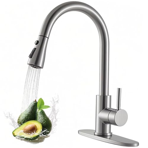 VAPSINT Kitchen Faucet Brushed Nickel Kitchen Sink Faucet with Pull Down Sprayer High Arc Single Handle Stainless Steel Kitchen Faucets 1 or 3 Hole for Farmhouse RV Laundry & Bar VAP-KF100