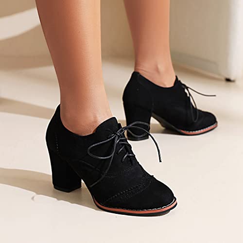 VOKLIN Women's Retro Round Toe Lace Up Dress Pumps Vegan Suede Chunky Block High Heel Work Office Pump Shoes3