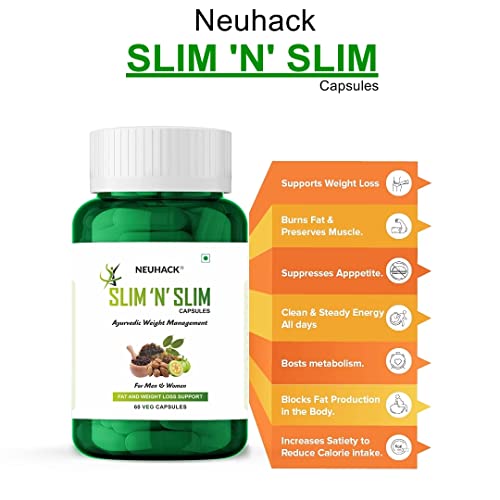 Image of Slim N Slim Weight & Fat Management Ayurvedic Veg capsules with Garcinia combogia - Pack of 2 (60 caps each)