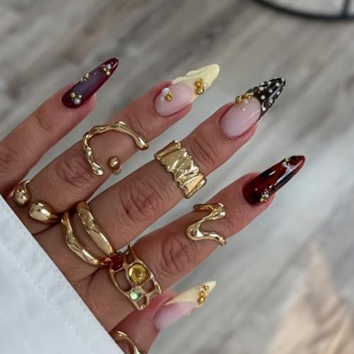 octoswave Long Almond Press On Nails, Brown Nude Stick On Nails with 3D Beads, 24PCS, Adhesive Tabs, No Liquid Glue - Thumbnail 3