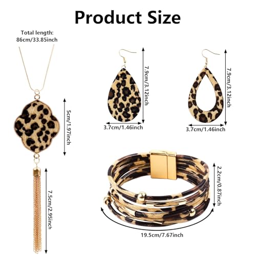 4 Pieces Leopard Jewelry Set Bohemia Earrings Bracelets Necklace Multilayer Leather Cuff Bracelet Long Tassel Leopard Print Pendant Necklace Teardrop Dangle Drop Earrings for Women2