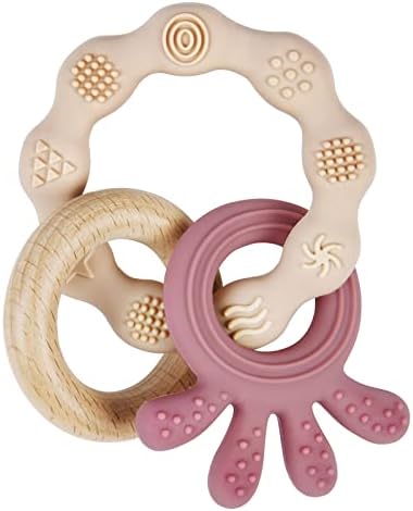 Vicloon Beißring für Babys, Beißring Spielzeug aus Silikon und Holzringe, Baby Zahnungshilfe BPA-frei, Schmerzlindernde Zahnen Nursing Zubehör für ab 3 Monaten Babys(Krake Dunkelpi